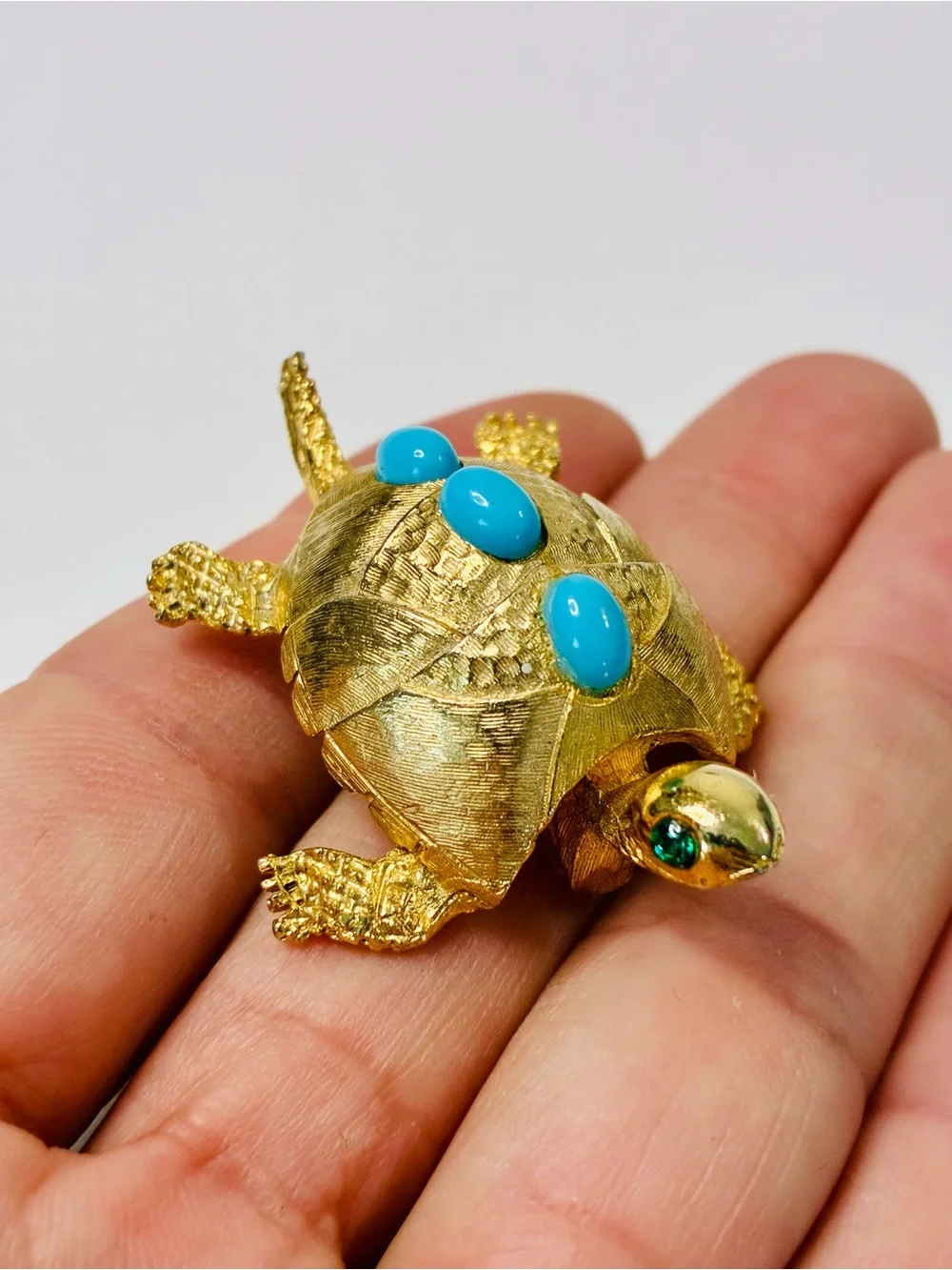 VTG PELL Gold-Tone Turtle Brooch with Turquoise Cabochons and Emerald Eyes EUC